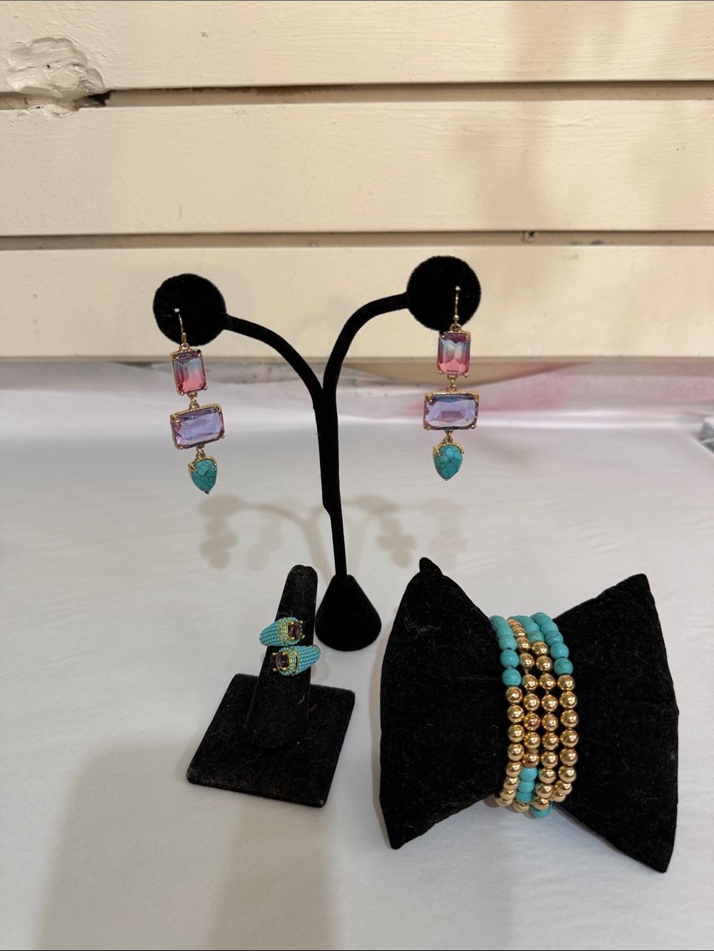 Gold-Tone Pink & Lavender Drop Earrings with Turquoise Accent